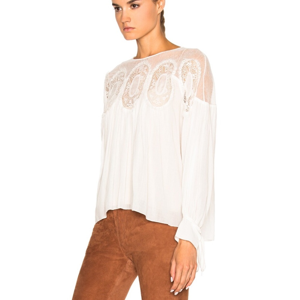 CHLOE Medallion Lace Insert Blouse in Milk Boho Peasant sz 38